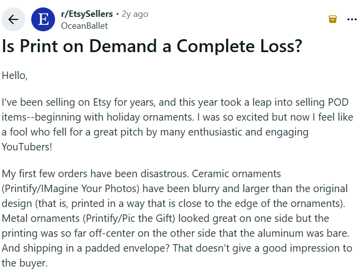 Print-on-demand sample quality discussion (Reddit)